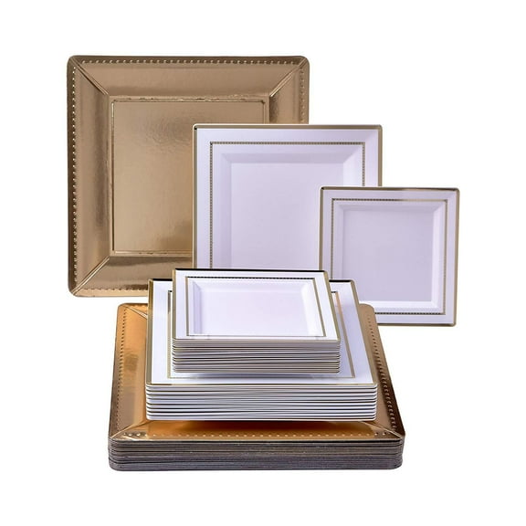 PARTY DISPOSABLE 60 PC DINNERWARE SET | 20 Charger Plates | 20 Dinner Plates | 20 Side Plates | Heavy Duty Materials | for Upscale Wedding and Dining (Dazzling Square Collection - Gold)