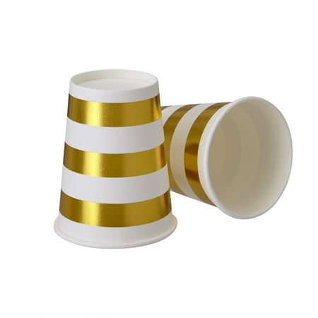 PARTY DISPOSABLE DECORATIVE PAPER CUPS | 9 oz | Metallic Gold Stripe | for Upscale Parties and Events | 24 pc