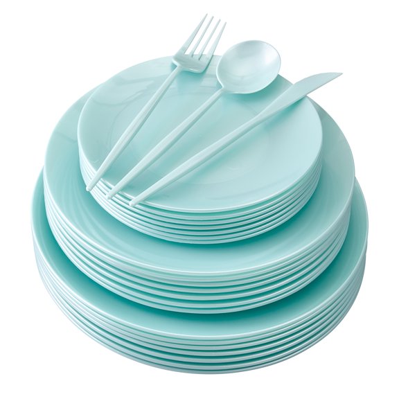 PARTY DISPOSABLE DINNERWARE SET | 156 pc | 20 Dinner Plates | 20 Salad Plates | 20 Dessert Plates | 48 Forks | 24 Spoons | 24 Knives (Opulence - Mint)