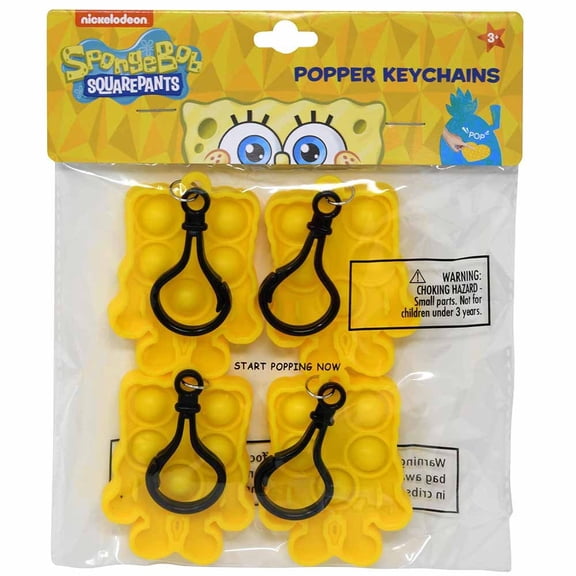 PARTY FAVORS Sponge Bob 4pk Shaped Pop Fidget Keychain in Bag with Header- 3 PACK