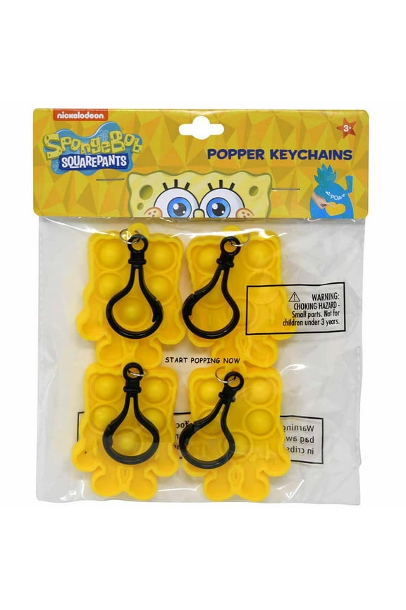 PARTY FAVORS Sponge Bob 4pk Shaped Pop Fidget Keychain in Bag with Header- 3 PACK