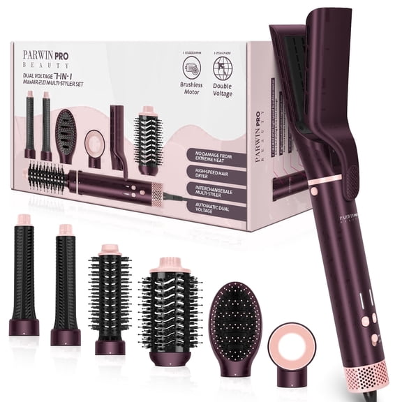 Dual Voltage Hot Air Styler, PARWIN PRO BEAUTY 7 in 1 Hair Styler with Air Straightener & Auto Wrap Curlers for Volumizing Curl Straighten, Ionic Frizz-Free Multi-Hair Styler, Gift Edition