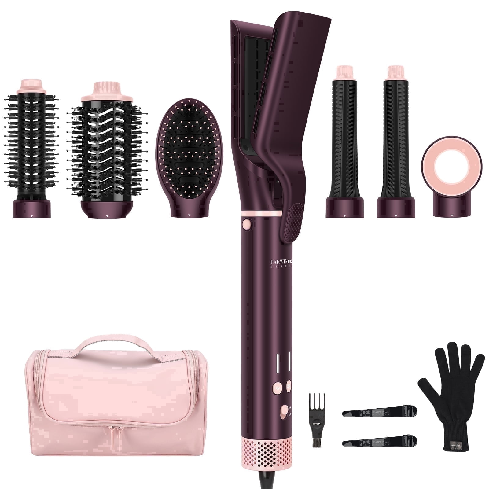 PARWIN PRO BEAUTY Dual Voltage 7-in-1 Hair Styler, Hot Air Multi-Styler with Air Straightener & 28mm Auto Wrap Curlers for Frizz-Free, Less Heat Damage, Jasper Plum