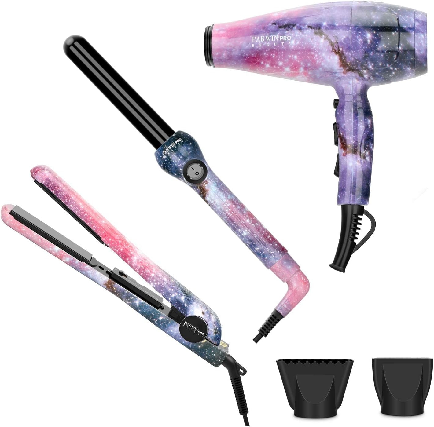 PARWIN PRO BEAUTY Hair Styling Set - 1875w Professional Hair Dryer - 1 Inch Titanium Curling Iron- 1 Inch Anti-Static Hair Straightener- Negative Ionic Technology - Pack of 3 for All Hair Types,Starry
