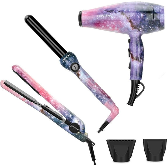 PARWIN PRO BEAUTY Hair Styling Set - 1875w Professional Hair Dryer - 1 Inch Titanium Curling Iron- 1 Inch Anti-Static Hair Straightener- Negative Ionic Technology - Pack of 3 for All Hair Types,Starry