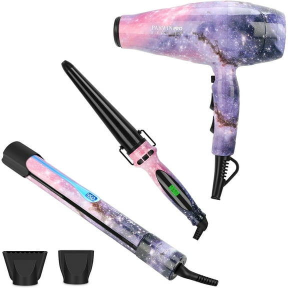 PARWIN PRO BEAUTY Titanium Hair Dryer Straightener Cone Curling Iron Combo | 1875W Power | Starry Color Upgraded model | Perfect Gift Styling Set