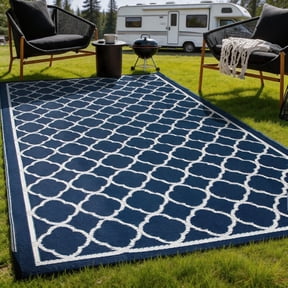 PASAMIC 4x6 ft Outdoor Rug Waterproof, Reversible Plastic Straw Patio Mat for RV, Deck, Balcony, Backyard, Blue/White
