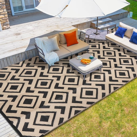 PASAMIC 4x6 ft Outdoor Rug Waterproof, Reversible Plastic Straw Patio Mat for RV, Deck, Balcony, Backyard, Brown/Black Checkered