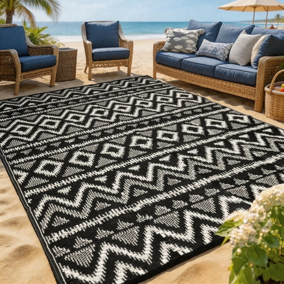 PASAMIC 6x9 ft Outdoor Rug Waterproof, Reversible Plastic Straw Patio Mat for RV, Deck, Balcony, Backyard, Black/Gray