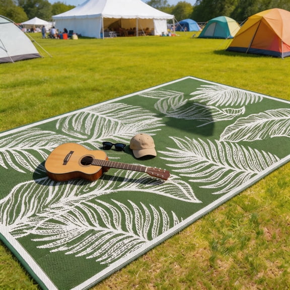 PASAMIC 8x10 ft Outdoor Rug Waterproof, Reversible Plastic Straw Patio Mat for RV, Deck, Balcony, Backyard, Green Leaf