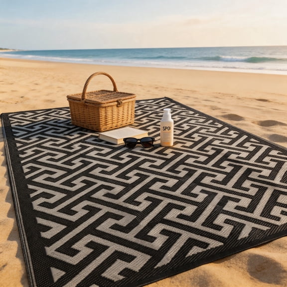 PASAMIC 9x12 ft Outdoor Rug Waterproof, Reversible Plastic Straw Patio Mat for RV, Deck, Balcony, Backyard, Black I-Shape