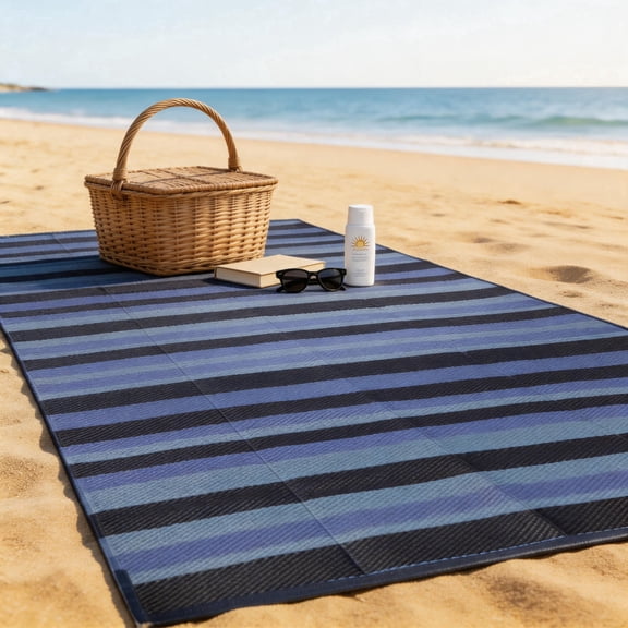 PASAMIC 9x12 ft Outdoor Rug Waterproof, Reversible Plastic Straw Patio Mat for RV, Deck, Balcony, Backyard, Blue Stripe