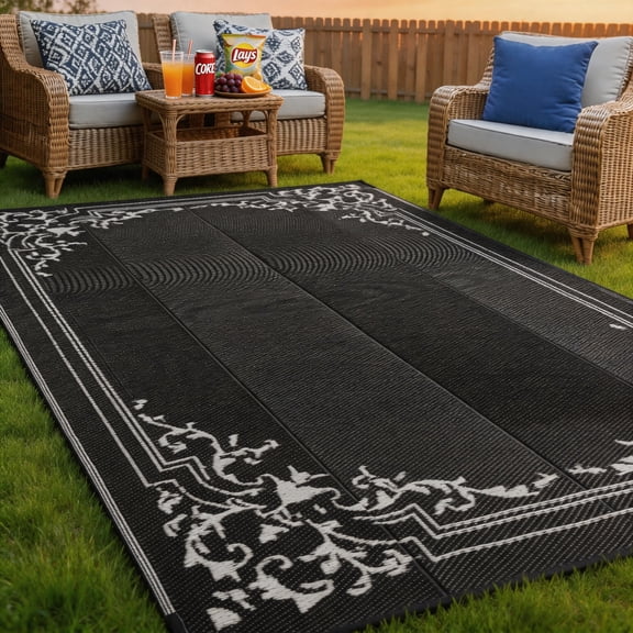 PASAMIC 9x18 ft Outdoor Rug Waterproof, Reversible Plastic Straw Patio Mat for RV, Deck, Balcony, Backyard, Black/Beige
