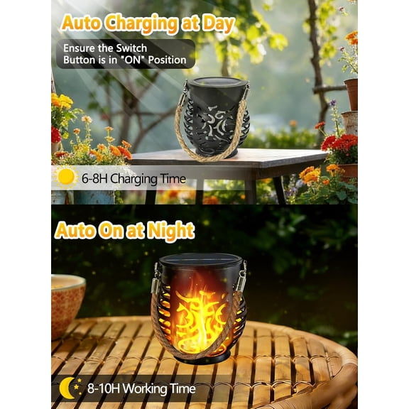 PASEJDO-2 Pack Solar Lights Outdoor Waterproof, Solar Lantern with Realistic Flickering Flame, Auto On/Off Solar Powered Garden Light with Hemp Rope Handle for Outside Camp Tree Patio Porch Tabletop