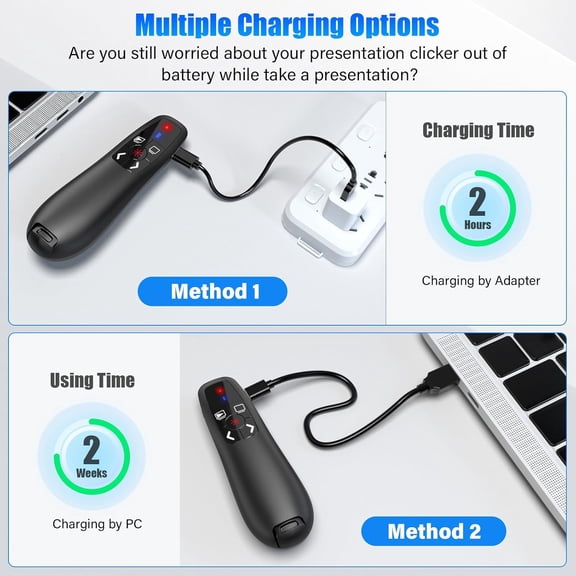 PASEJDO-2-in-1 USB Type C Presentation Clicker, Clicker for PowerPoint Presentations, Rechargeable Wireless Presenter Remote, Pointer RF 2.4GHz USB PowerPoint Clicker Slide Advancer with Volume Contr