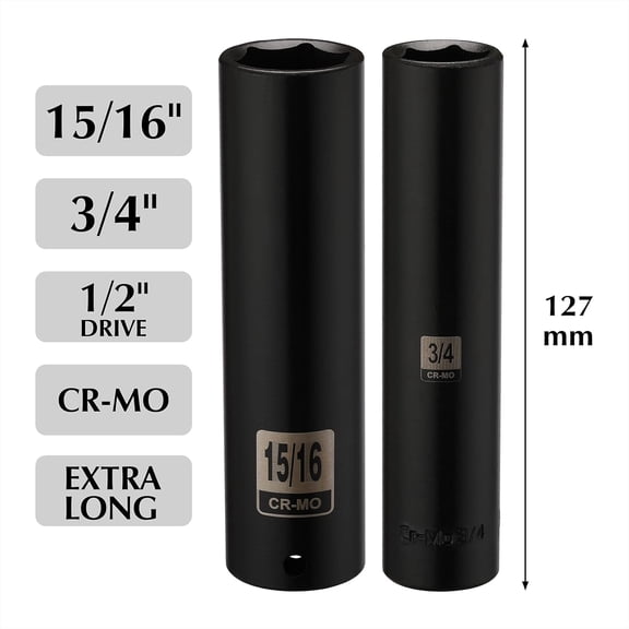 PASEJDO-2PCS 1/2 Inch Drive Extra Long Deep Impact Socket Set- 3/4 Inch and 15/16 Inch, CR-MO, SAE, 6 Point Extra Deep Socket, 5" Length