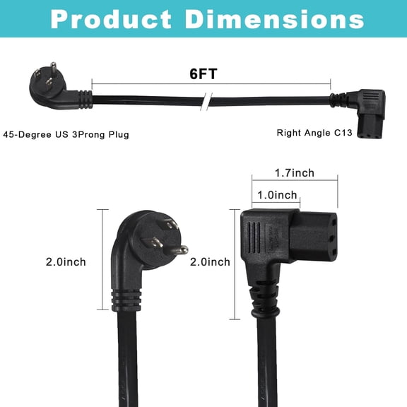 PASEJDO-6FT Replacement Computer Monitor Power Cord - Low Profile Flat Plug NEMA 5-15P to Right Angle C13 Power Cord, 13A 125V, 16AWG, Black Replacement Printer/TV/PC 3 Prong AC Power Cord