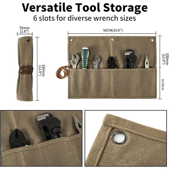 PASEJDO-Chisel Roll,Small Tool Roll Pouch,Tool Roll Bag Organizer, Heavy Duty Waxed Canvas Tool Bag, Multi-Purpose Roll-Up Storage Bag for Hand Tools Holder with 6 Pockets Wrench Roll Up Pouch
