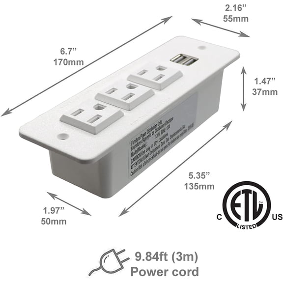 PASEJDO-Conference Recessed Power Strip with USB Mountable Power Outlet Built in Desktop Workbench Drawer Cabinet 10'ft Heavy Duty Power Cord White