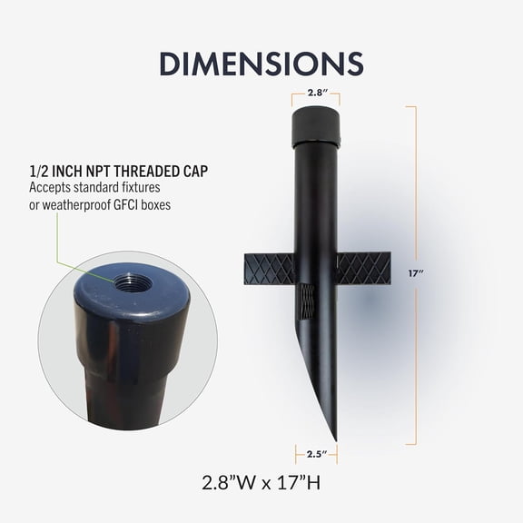 PASEJDO-MPOST17 2.5-Inch Outdoor Mounting Post with Cap and Stabilizing Wings for Landscape Flood Lights, Black, 17.63