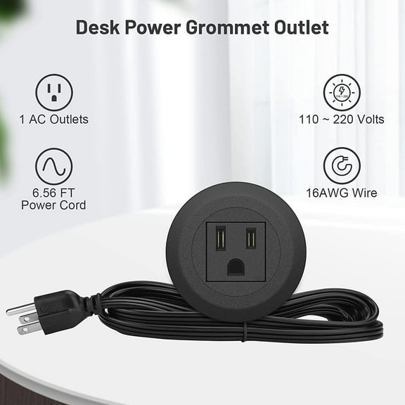 PASEJDO-Mini Desktop Power Hub Grommet Socket, Flush-Mount Desk Outlet Build-in 1 US Standard Outlet with 6.56 FT Extension Power Cord, Recessed Power Strip Socket for Desk Nightstand Cabinet Counter