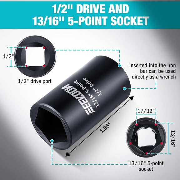 PASEJDO-Penta Socket With 1/2" Drive and 13/16" 5 Point Utility, 5 Point Socket Wrench Key for Pentagon Curb Boxes