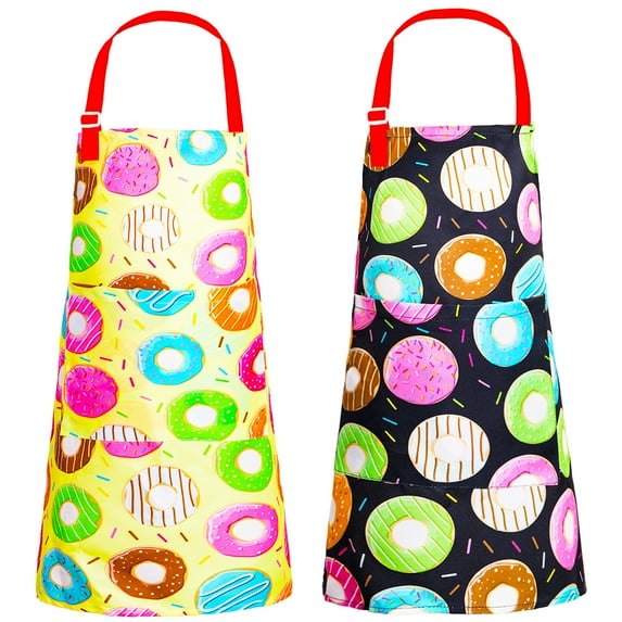 PASHOP 2 Pack Kids Apron Cute Aprons for Girls Boys Toddler Apron for Painting Cooking Baking 3-12 Years (Yellow+Black Donuts)