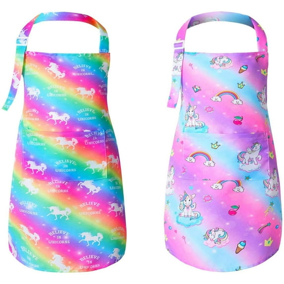 PASHOP 2 Pack Kids Apron Rainbow Unicorn Aprons With Pockets for Girls Boys Toddler Apron for Painting Cooking Baking 3-12 Years