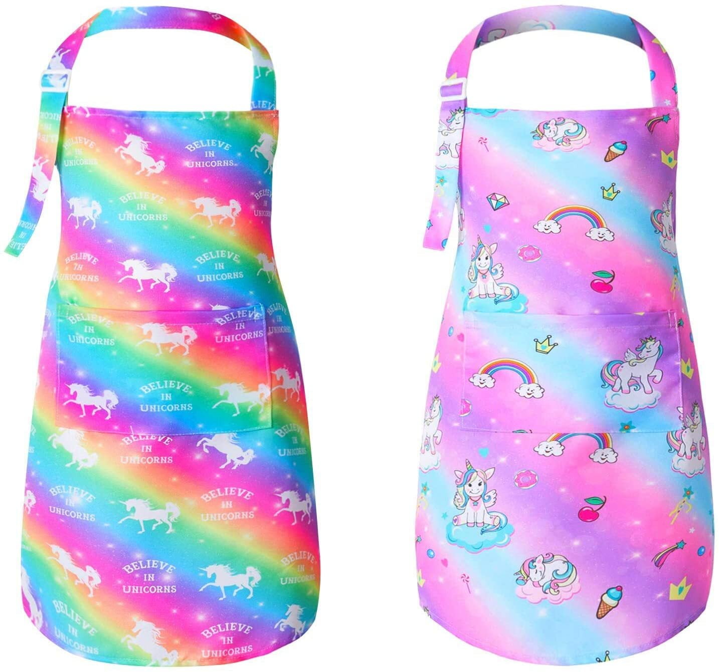 PASHOP 2 Pack Kids Apron Rainbow Unicorn Aprons for Girls Boys Toddler Apron  for Painting Cooking Baking 3-12 Years 