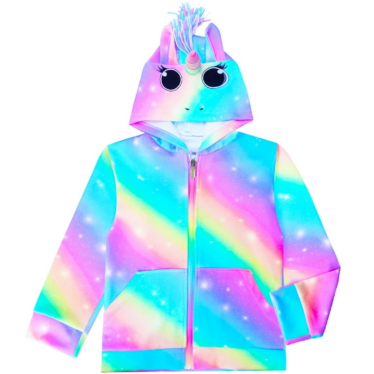 PASHOP Girls Hoodie Kids Jacket Zip Up Sweatshirt Rainbow Unicorn