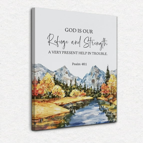 PASLM 46:1 Christian Canvas Wall Art,Christian Wall Decor,Bible Verses Wall Decor,Christian Posters,Scripture Wall Decor,Christian Decor,Mountain Wall Art,Framed 11x14 Inch