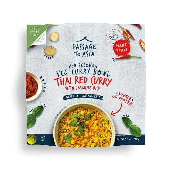 Passage to Asia Thai Red Curry with Jasmine Rice Bowl, 9.9 oz, Ready-to-Cook, Contains Gluten, Fish, Peanuts, No Artificial Preservatives, Shelf Stable