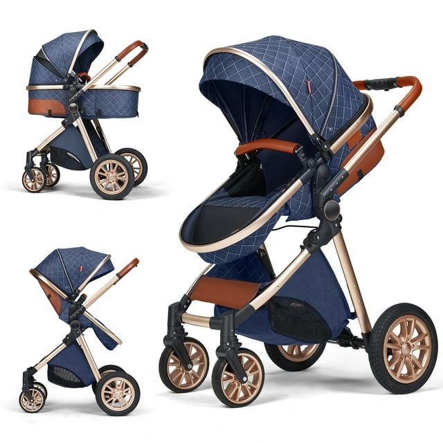 PASSING LOVE High Landscape Infant Baby Stroller Folding Aluminum Kids Carriage Big Sleeping Basket,Blue