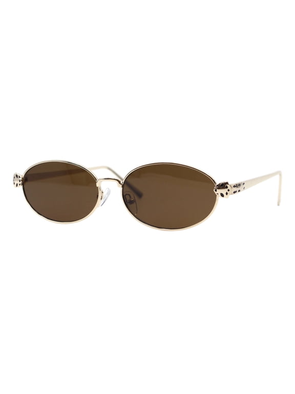 Vero Oval Sunglasses Unisex Retro Shades Slim Metal Frame UV400 Gold Brown