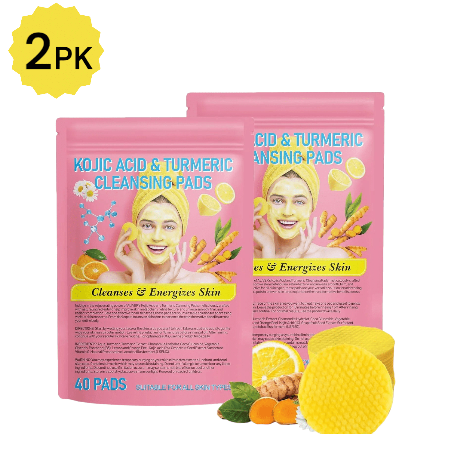 PASUTEC Turmeric Kojic Acid Face Cleansing Pads, AntiAging Exfoliators