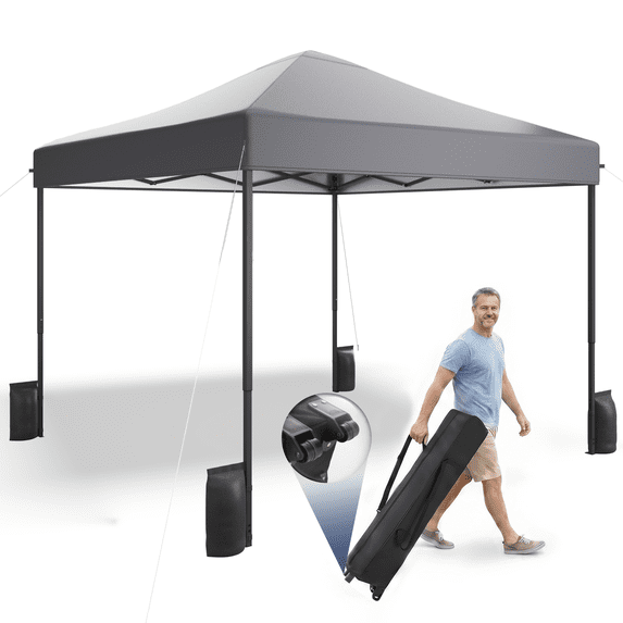 PATBRELA 10x10 FT Pop Up Canopy Tent, Easy Setup Straight Legs Instant Canopy for Outside with Wheeled Bag, Gray