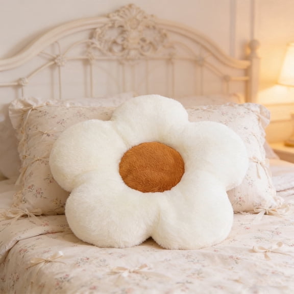 PATBRELA Cute Flower Shaped Throw Pillow, Soft Plush Cushion for Chair, White