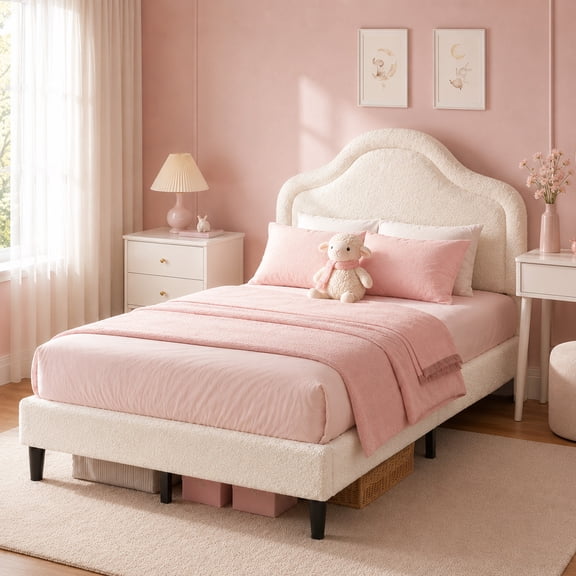 Patbrela Full Size Bed Frame, Teddy Fleece Upholstered Bed Frame with Adjustable Headboard & Built-in LED Light, Noise-Reduced Design, Durable Wood Slat Support, No Box Spring Needed