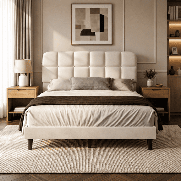 Patbrela Upholstered Bed Frame, Full Size Bed Frame with Soft Cloud Headboard, Beige Velvet