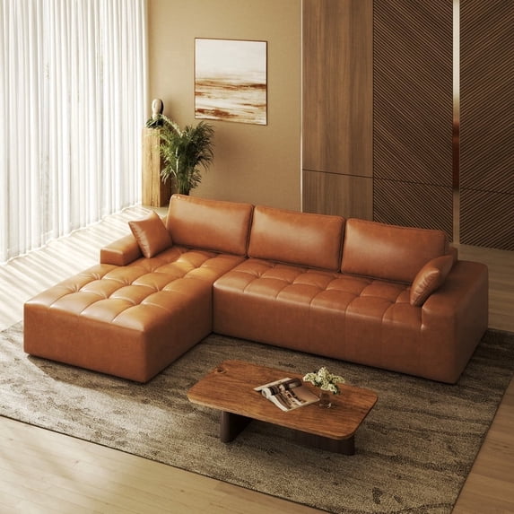 PATBRELA Sectional Sofa, 101" L-Shaped Deep Seat Cloud Couch, Modular Sofa with Back Cushion for Living Room Bedroom, PU Leather, No Assembly Required, Brown (Left Facing Chaise)