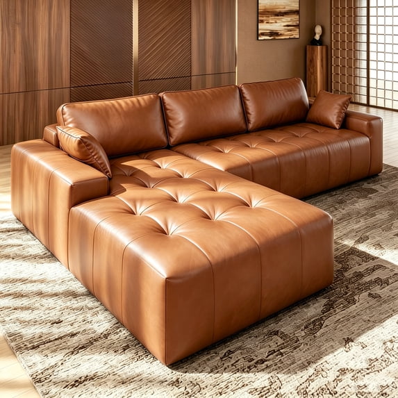 PATBRELA Sectional Sofa, 101" L-Shaped Deep Seat Cloud Couch, Modular Sofa with Back Cushion for Living Room Bedroom, PU Leather, No Assembly Required, Brown (Left Facing Chaise)
