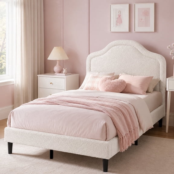 Patbrela Queen Size Bed Frame, Teddy Fleece Upholstered Bed Frame with Adjustable Headboard & Built-in LED Light, Noise-Reduced Design, Durable Wood Slat Support, No Box Spring Needed