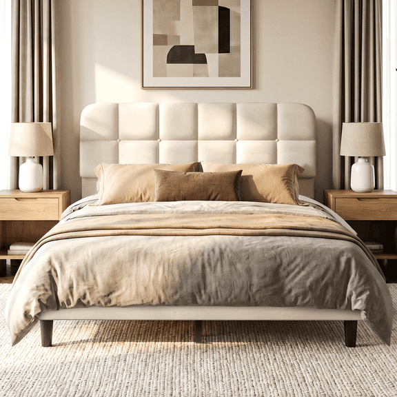 Patbrela Queen Size Upholstered Bed Frame with Adjustable Headboard, Wood Platform Bed Frame, No Box Spring Needed, Easy Assembly, Beige
