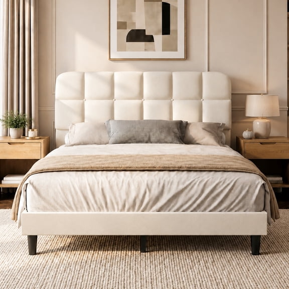 Patbrela Queen Size Upholstered Bed Frame with Adjustable Headboard, Wood Platform Bed Frame, No Box Spring Needed, Easy Assembly, Beige