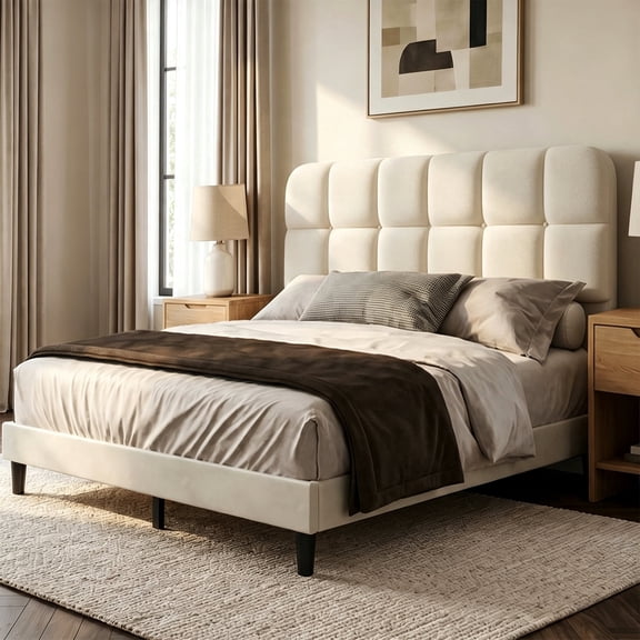 Patbrela Upholstered Bed Frame, Queen Size Bed Frame with Soft Cloud Headboard, Beige Velvet