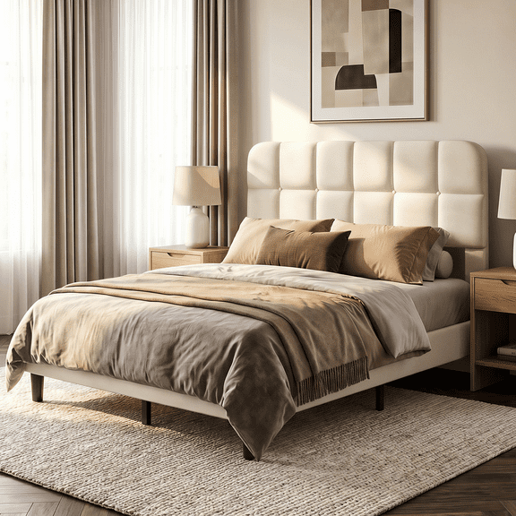 Patbrela Upholstered Bed Frame Queen Size with Adjustable Headboard, Velvet Platform Bed Frame with Wooden Slats Support/No Box Spring Needed, Beige