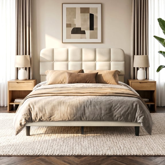 Patbrela Upholstered Bed Frame Queen Size with Adjustable Headboard, Velvet Platform Bed Frame with Wooden Slats Support/No Box Spring Needed, Beige