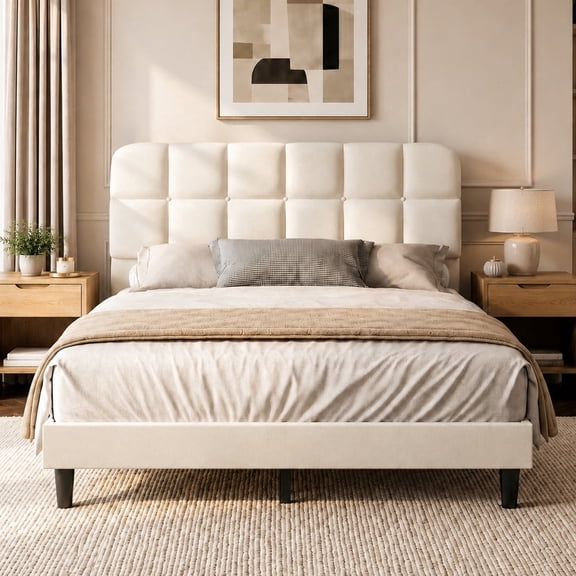 Patbrela Queen Size Upholstered Bed Frame with Adjustable Headboard, Wood Platform Bed Frame, No Box Spring Needed, Easy Assembly, Beige