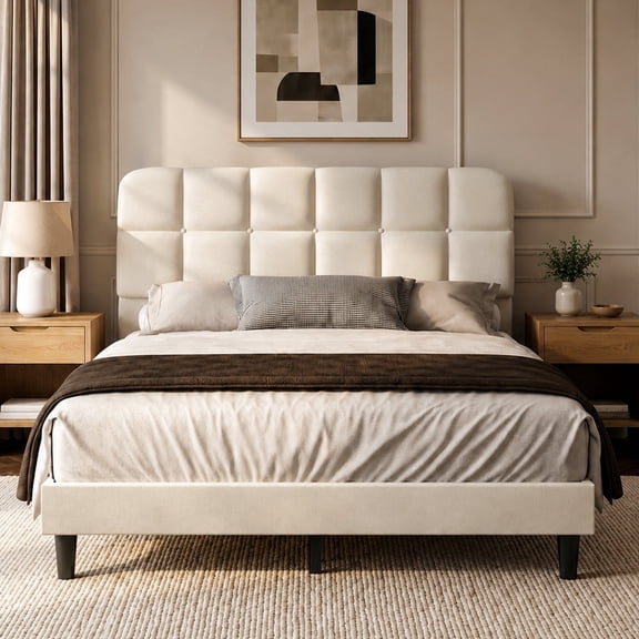 Patbrela Queen Size Upholstered Bed Frame with Adjustable Headboard, Wood Platform Bed Frame, No Box Spring Needed, Easy Assembly, Beige