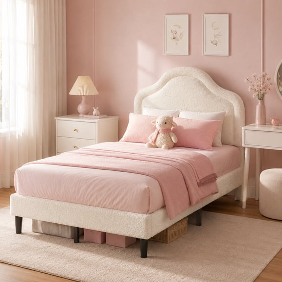 Patbrela Twin Size Bed Frame, Teddy Fleece Upholstered Bed Frame with Adjustable Headboard & Built-in LED Light, Noise-Reduced Design, Durable Wood Slat Support, No Box Spring Needed